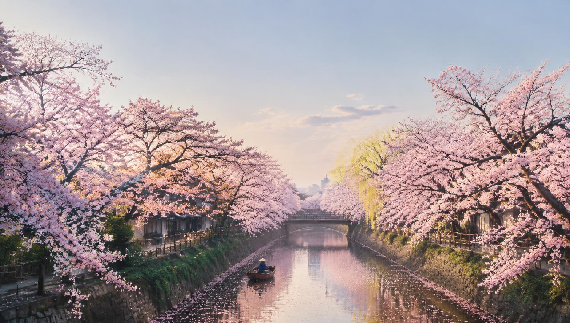Cherry blossoms over a canal in Tokyo